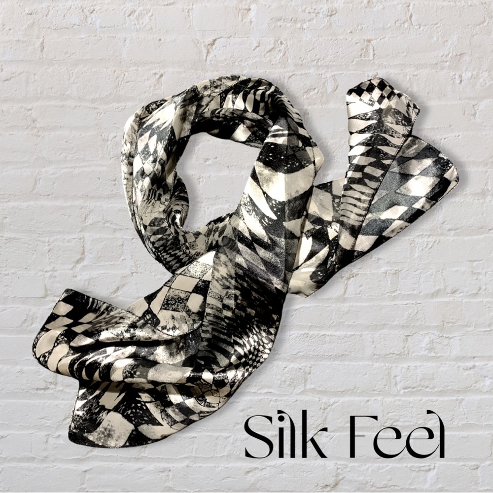 Silk Feel Scarf Black & White w/ A Tessellation of Patterms